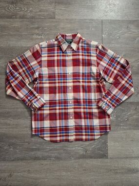 100% SILK Lauren Ralph Lauren Red and Blue Plaid Button-Down Shirt - Petite MD
